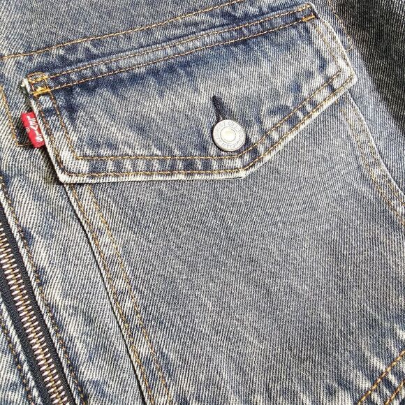 Levi's Premium Sherpa Bomber Jacket Small S Medium Wash Navy Satin 90s Vintage - Picture 4 of 15